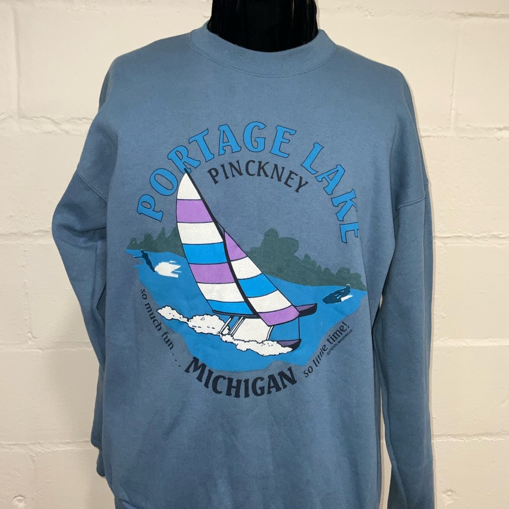 Super cool portage lake sweater on hangs activewear tag grate color an detail